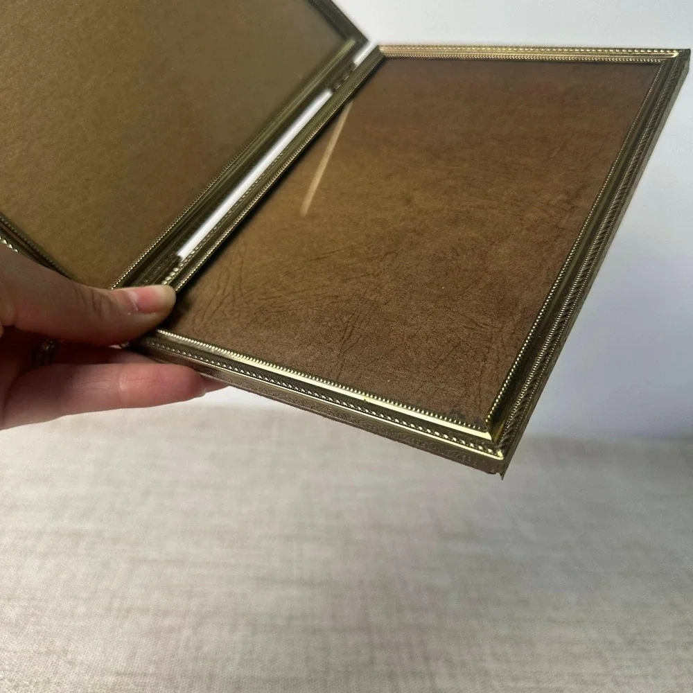 Vintage Brass Tone Double Picture Frame 5x7 | Ornate Hinged Folding Metal Frame